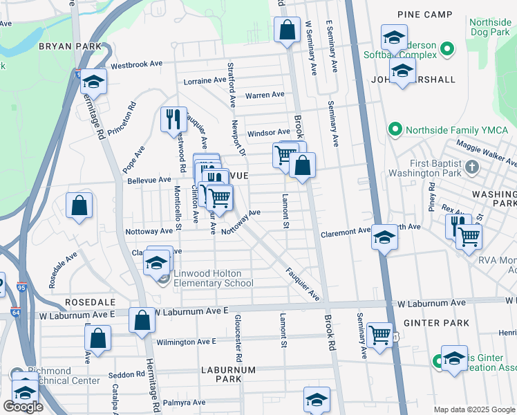 map of restaurants, bars, coffee shops, grocery stores, and more near 1322 Nottoway Avenue in Richmond