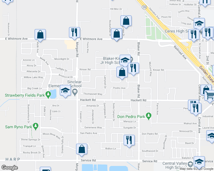 map of restaurants, bars, coffee shops, grocery stores, and more near 3009 Ambleside Way in Ceres