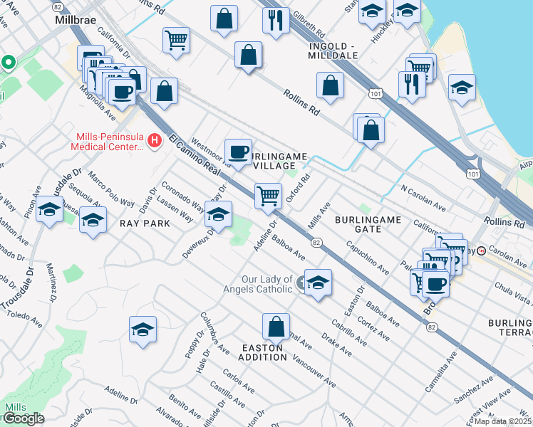map of restaurants, bars, coffee shops, grocery stores, and more near 1155 Eastmoor Road in Burlingame