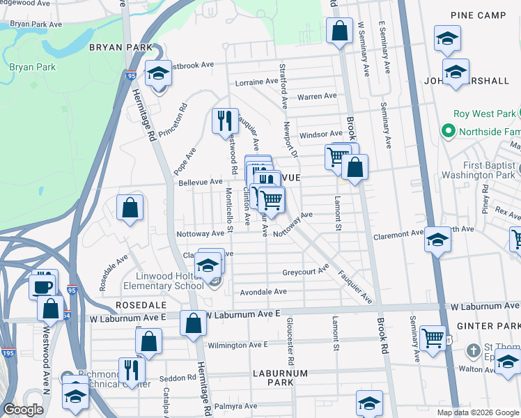 map of restaurants, bars, coffee shops, grocery stores, and more near 4032 Macarthur Avenue in Richmond