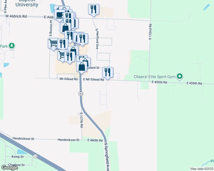map of restaurants, bars, coffee shops, grocery stores, and more near 1480 East Mount Gilead Road in Bolivar