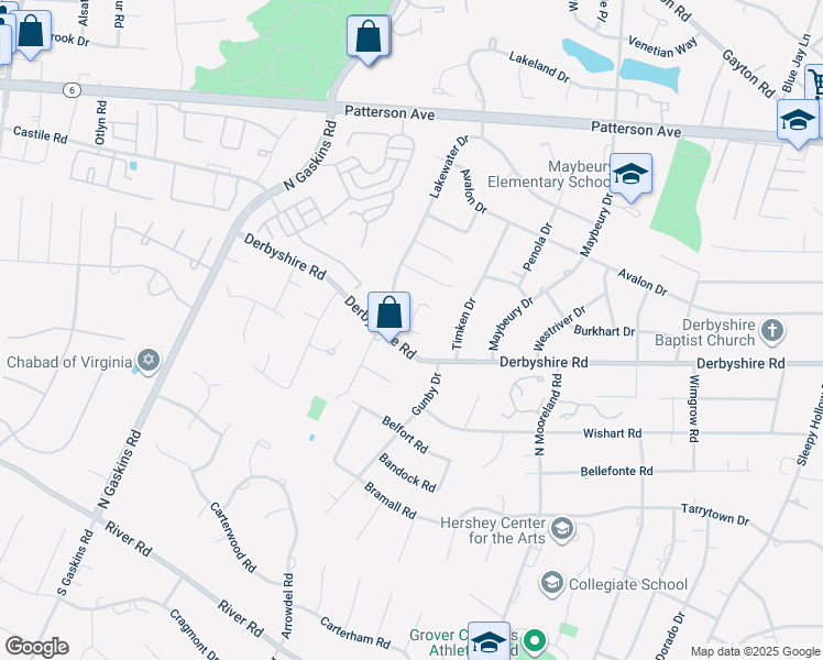 map of restaurants, bars, coffee shops, grocery stores, and more near 9413 Epson Downs Drive in Henrico