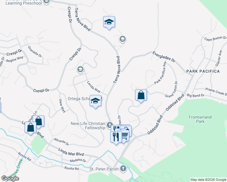 map of restaurants, bars, coffee shops, grocery stores, and more near 1351 Terra Nova Boulevard in Pacifica