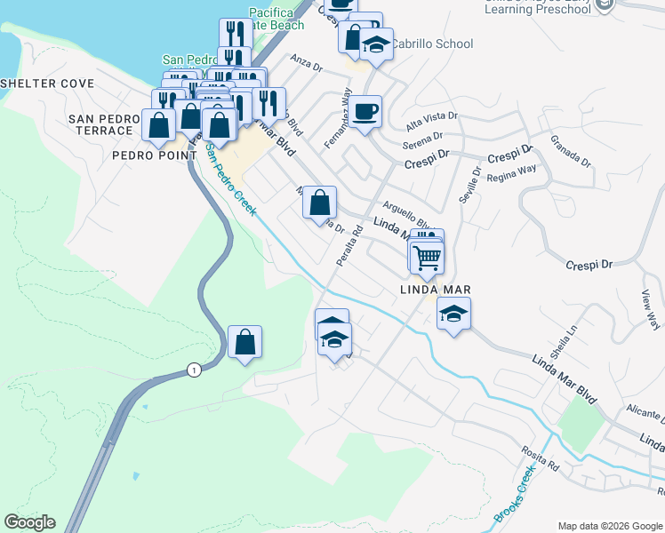 map of restaurants, bars, coffee shops, grocery stores, and more near 1560 Flores Drive in Pacifica