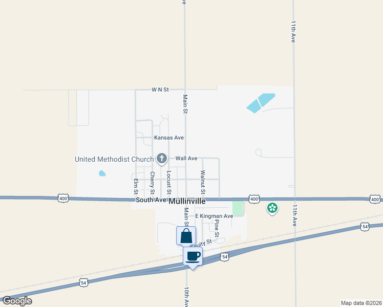 map of restaurants, bars, coffee shops, grocery stores, and more near 320 Main Street in Mullinville