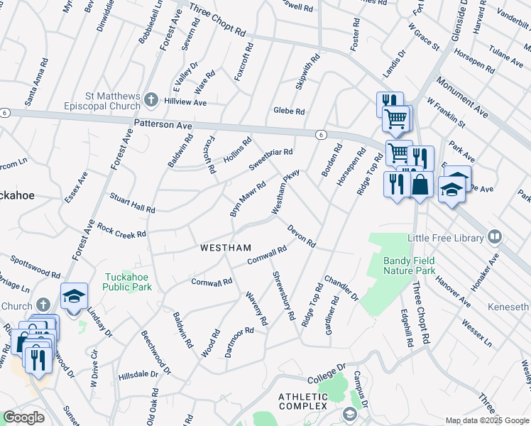 map of restaurants, bars, coffee shops, grocery stores, and more near 912 Westham Parkway in Richmond