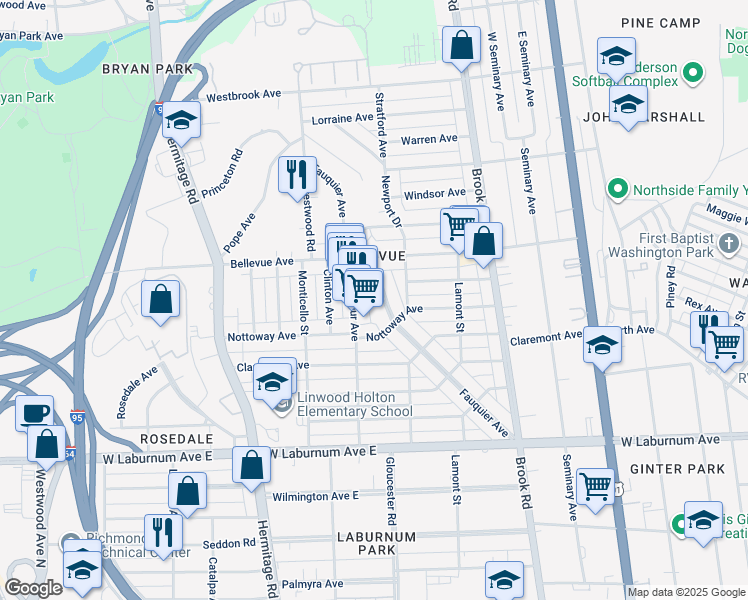 map of restaurants, bars, coffee shops, grocery stores, and more near 4014 Fauquier Avenue in Richmond
