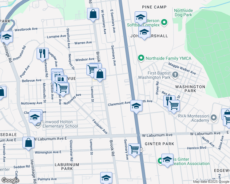 map of restaurants, bars, coffee shops, grocery stores, and more near 3908 Seminary Avenue in Richmond