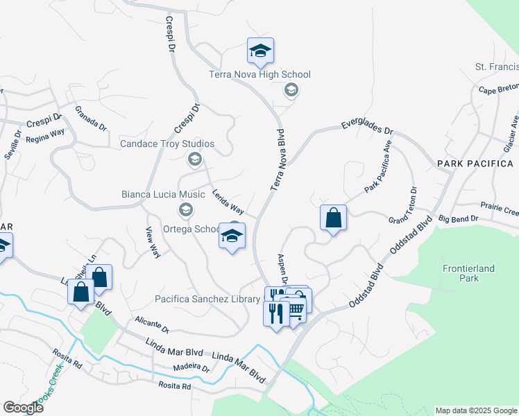 map of restaurants, bars, coffee shops, grocery stores, and more near 1315 Terra Nova Boulevard in Pacifica
