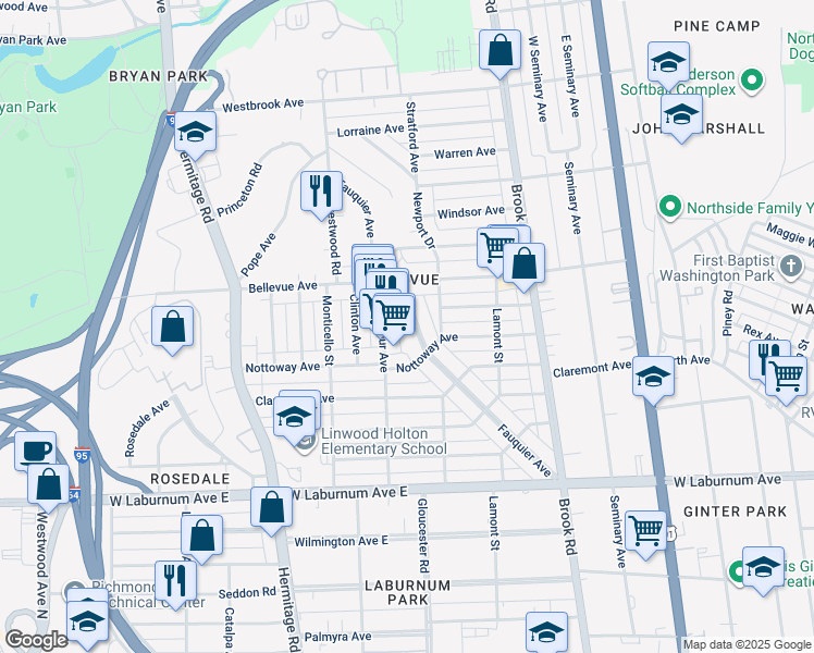 map of restaurants, bars, coffee shops, grocery stores, and more near 4014 Fauquier Avenue in Richmond