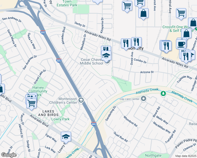 map of restaurants, bars, coffee shops, grocery stores, and more near 3 Palm Drive in Union City