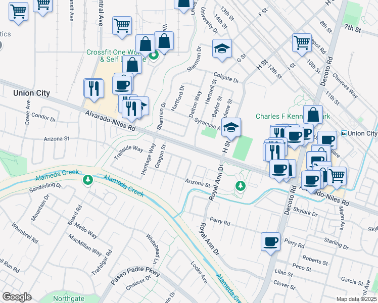 map of restaurants, bars, coffee shops, grocery stores, and more near 33799 Remington Drive in Union City