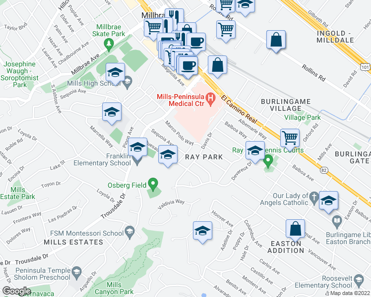 map of restaurants, bars, coffee shops, grocery stores, and more near 1735 Marco Polo Way in Burlingame