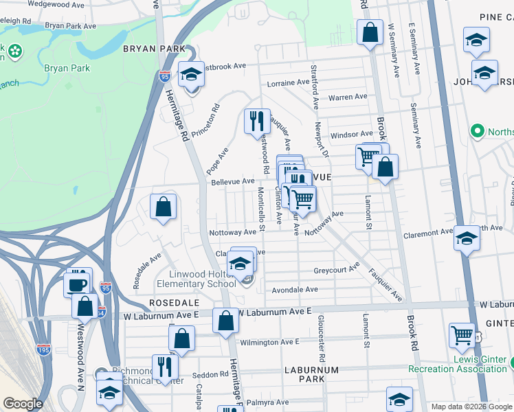 map of restaurants, bars, coffee shops, grocery stores, and more near 4031 Monticello Street in Richmond