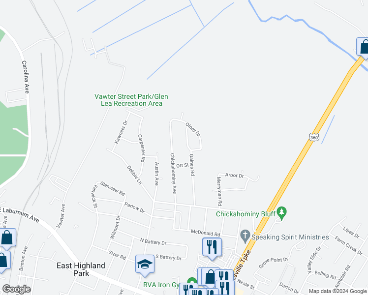 map of restaurants, bars, coffee shops, grocery stores, and more near 4502 Gaines Road in Richmond