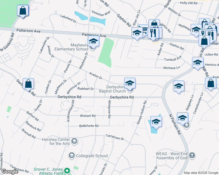 map of restaurants, bars, coffee shops, grocery stores, and more near 8912 Avalon Drive in Richmond