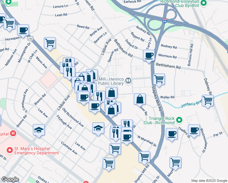 map of restaurants, bars, coffee shops, grocery stores, and more near 5401 Coopers Walk Lane in Richmond