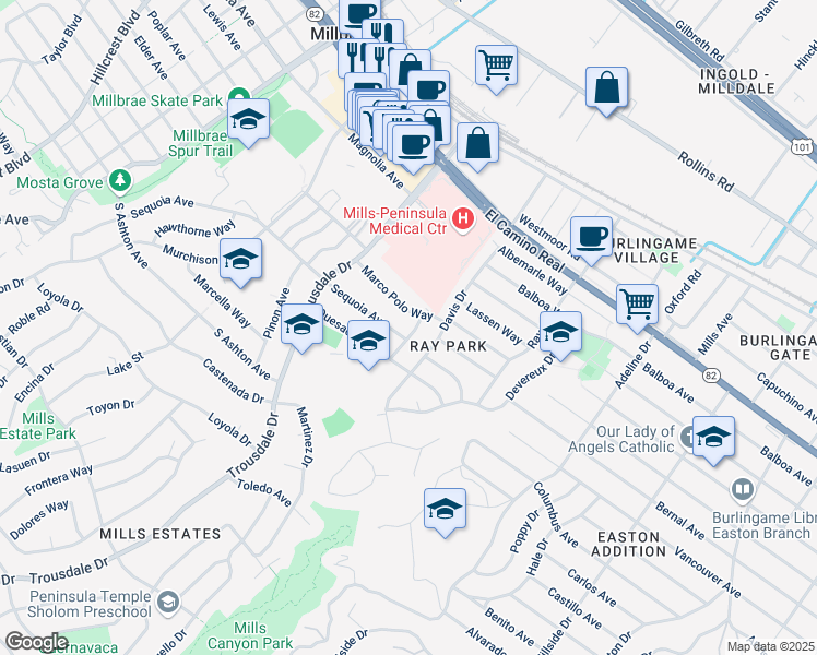 map of restaurants, bars, coffee shops, grocery stores, and more near 2012 Clarice Lane in Burlingame