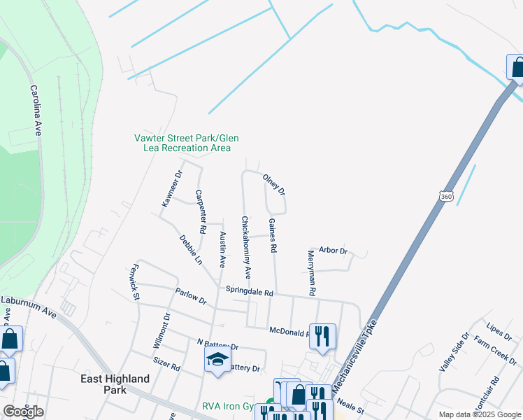 map of restaurants, bars, coffee shops, grocery stores, and more near 4502 Gaines Road in Richmond
