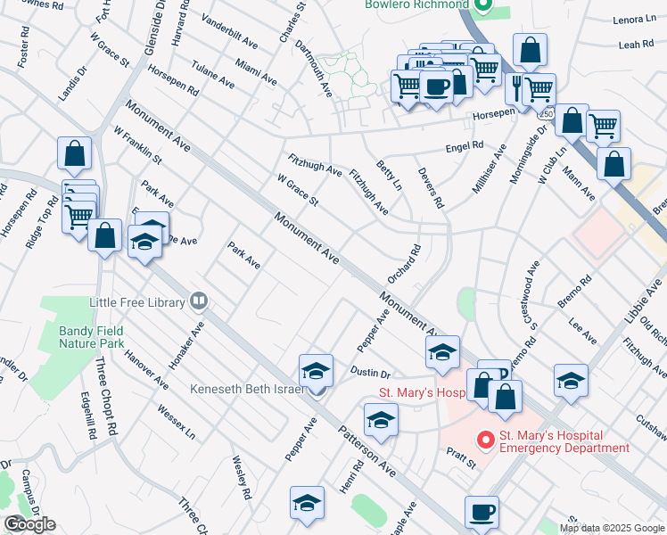 map of restaurants, bars, coffee shops, grocery stores, and more near 6503 Monument Avenue in Richmond