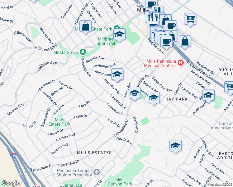 map of restaurants, bars, coffee shops, grocery stores, and more near 340 Marcella Way in Millbrae