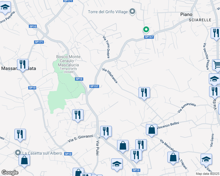 map of restaurants, bars, coffee shops, grocery stores, and more near 18 Via Villafranca in Mascalucia
