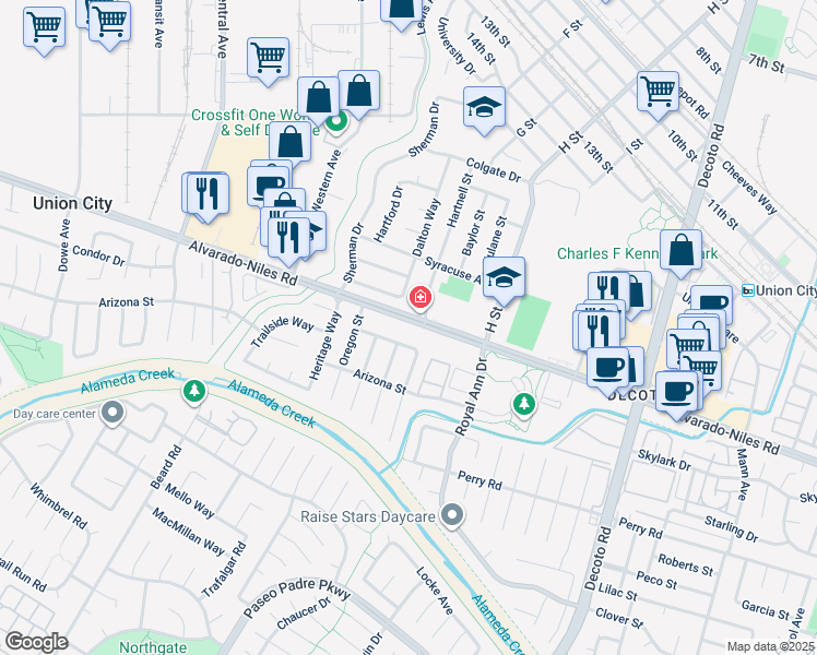 map of restaurants, bars, coffee shops, grocery stores, and more near 33883 Alvarado-Niles Road in Union City