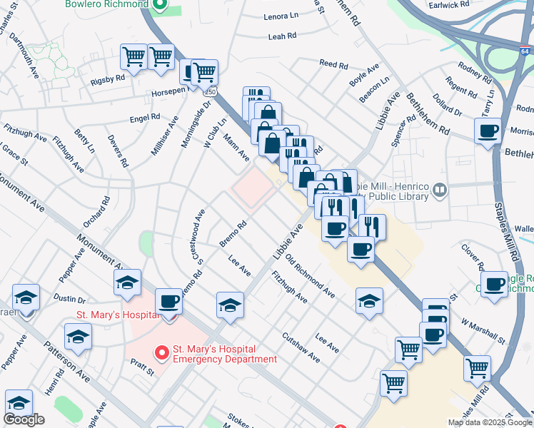 map of restaurants, bars, coffee shops, grocery stores, and more near 5811 Pollard Drive in Richmond
