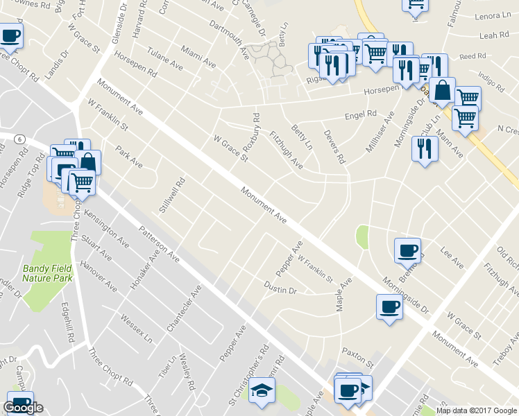 map of restaurants, bars, coffee shops, grocery stores, and more near 6503 Monument Avenue in Richmond