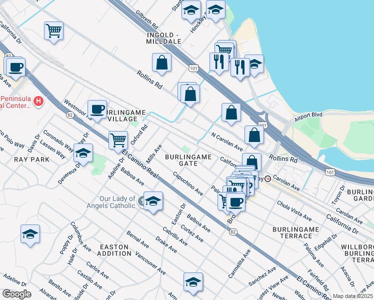 map of restaurants, bars, coffee shops, grocery stores, and more near 1416 Laguna Avenue in Burlingame