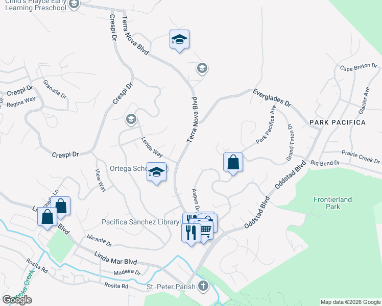 map of restaurants, bars, coffee shops, grocery stores, and more near 1358 Terra Nova Boulevard in Pacifica