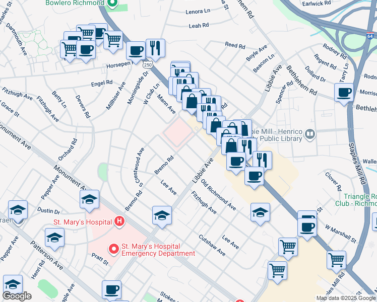 map of restaurants, bars, coffee shops, grocery stores, and more near 5811 Pollard Drive in Richmond