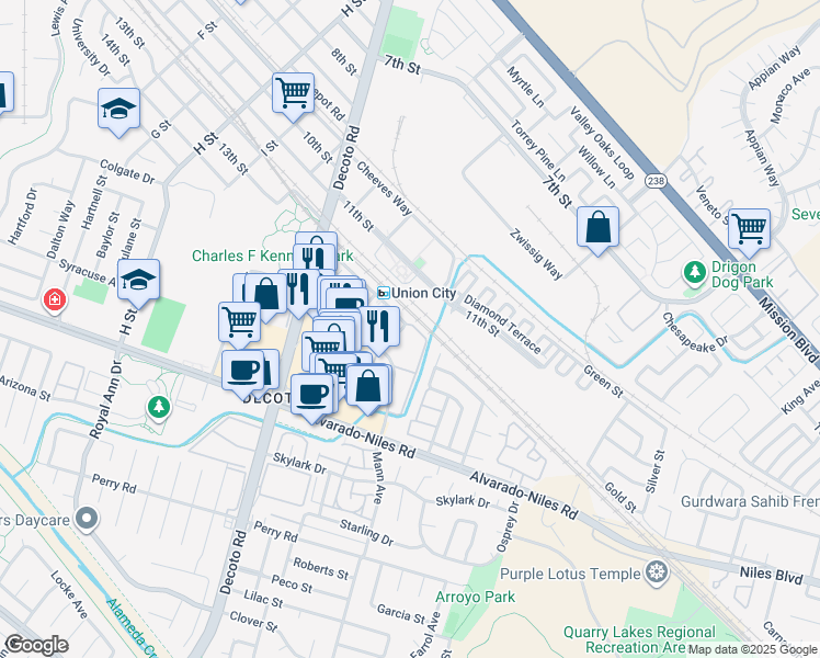 map of restaurants, bars, coffee shops, grocery stores, and more near in Union City
