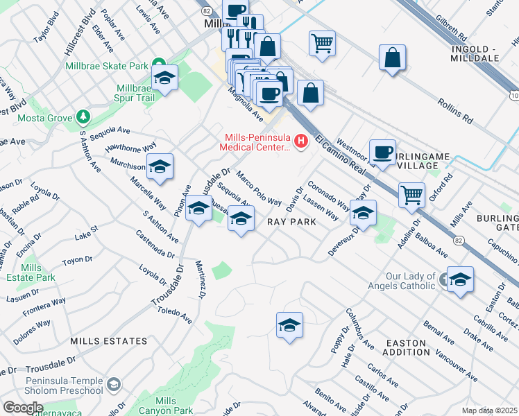 map of restaurants, bars, coffee shops, grocery stores, and more near 1735 Marco Polo Way in Burlingame
