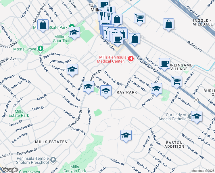 map of restaurants, bars, coffee shops, grocery stores, and more near 1745 Sequoia Avenue in Burlingame