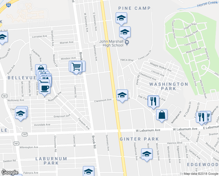 map of restaurants, bars, coffee shops, grocery stores, and more near 3921 Chamberlayne Avenue in Richmond