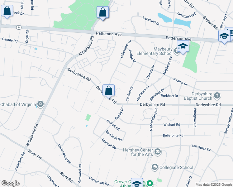 map of restaurants, bars, coffee shops, grocery stores, and more near 9413 Epson Downs Drive in Henrico