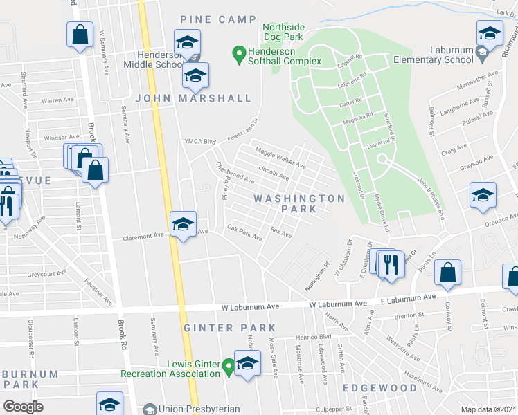 map of restaurants, bars, coffee shops, grocery stores, and more near 715 Akron Street in Richmond