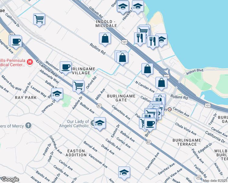 map of restaurants, bars, coffee shops, grocery stores, and more near 1429 California Drive in Burlingame