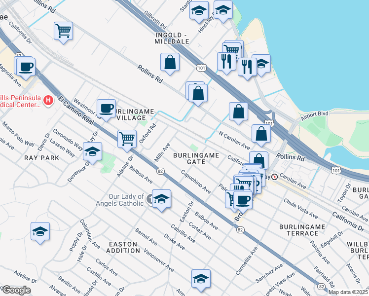 map of restaurants, bars, coffee shops, grocery stores, and more near 1431 Laguna Avenue in Burlingame