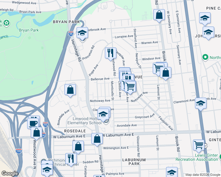 map of restaurants, bars, coffee shops, grocery stores, and more near 4031 Monticello Street in Richmond