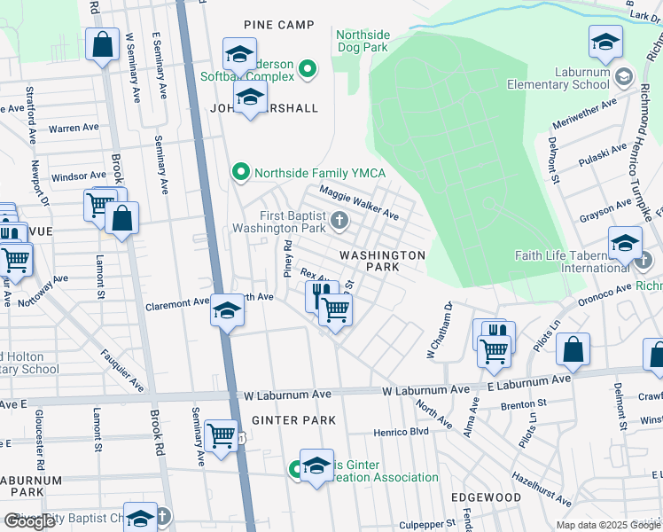 map of restaurants, bars, coffee shops, grocery stores, and more near 715 Akron Street in Richmond