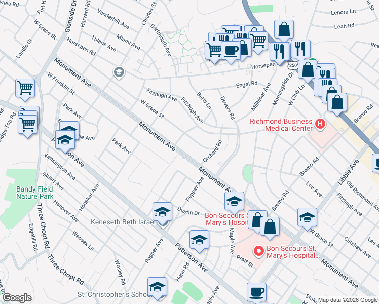 map of restaurants, bars, coffee shops, grocery stores, and more near 6415 West Grace Street in Richmond