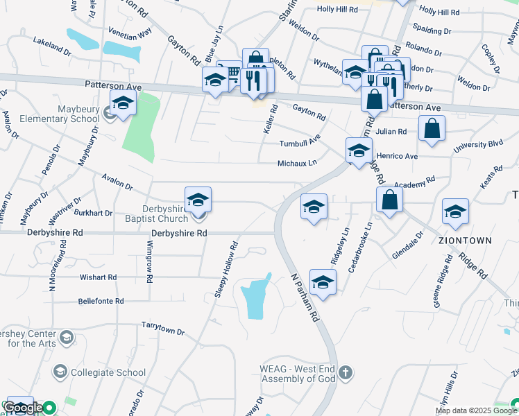 map of restaurants, bars, coffee shops, grocery stores, and more near 8705 Avalon Drive in Henrico