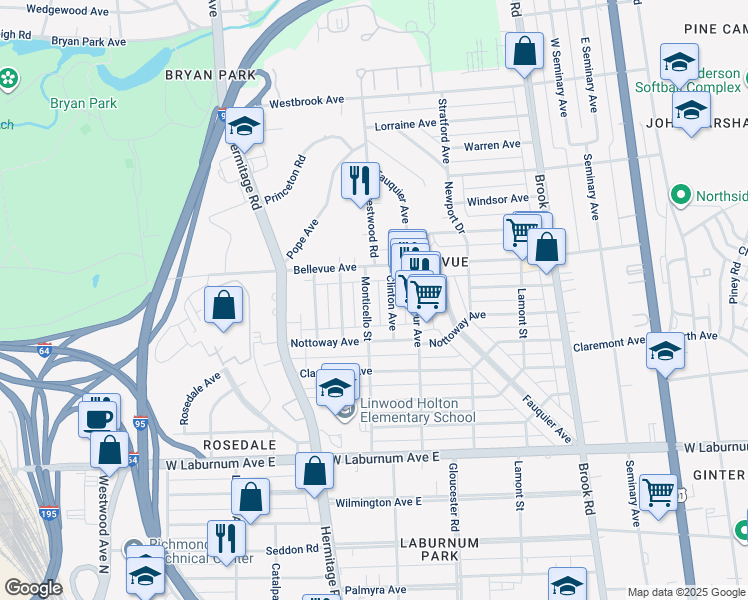 map of restaurants, bars, coffee shops, grocery stores, and more near 4023 Monticello Street in Richmond