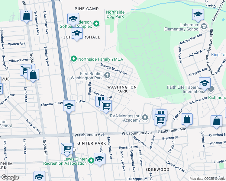 map of restaurants, bars, coffee shops, grocery stores, and more near 712 Akron Street in Richmond