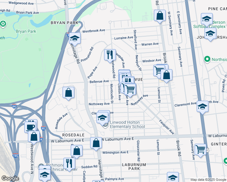 map of restaurants, bars, coffee shops, grocery stores, and more near 4023 Monticello Street in Richmond