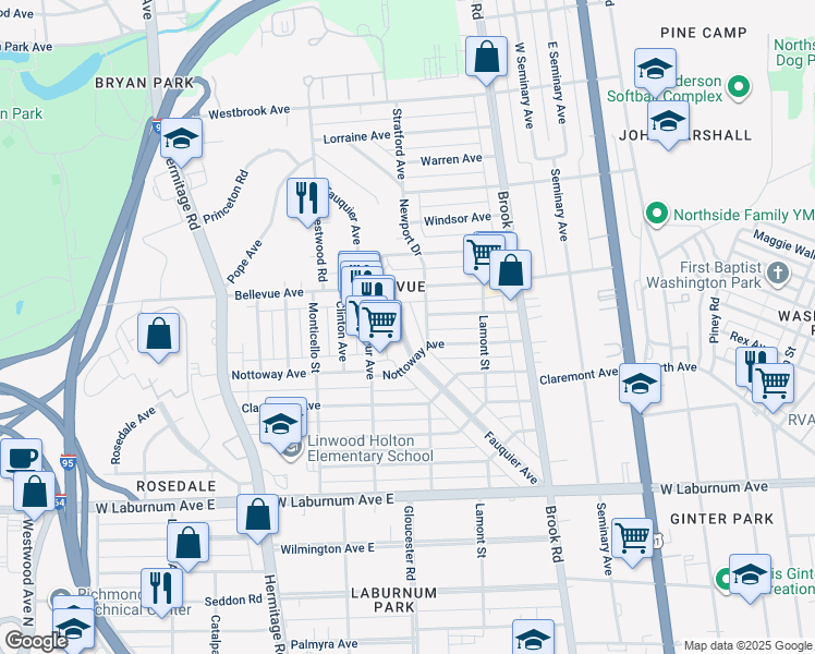 map of restaurants, bars, coffee shops, grocery stores, and more near 4013 Fauquier Avenue in Richmond