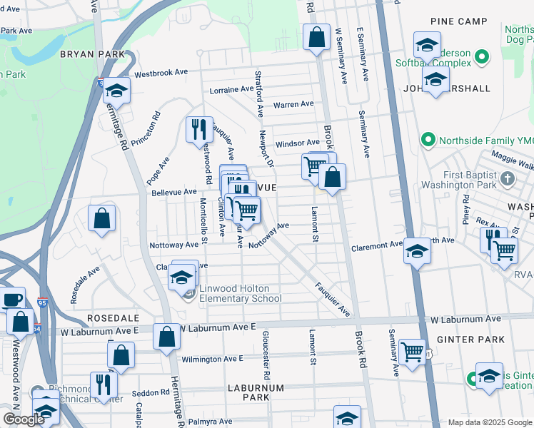 map of restaurants, bars, coffee shops, grocery stores, and more near 4013 Fauquier Avenue in Richmond