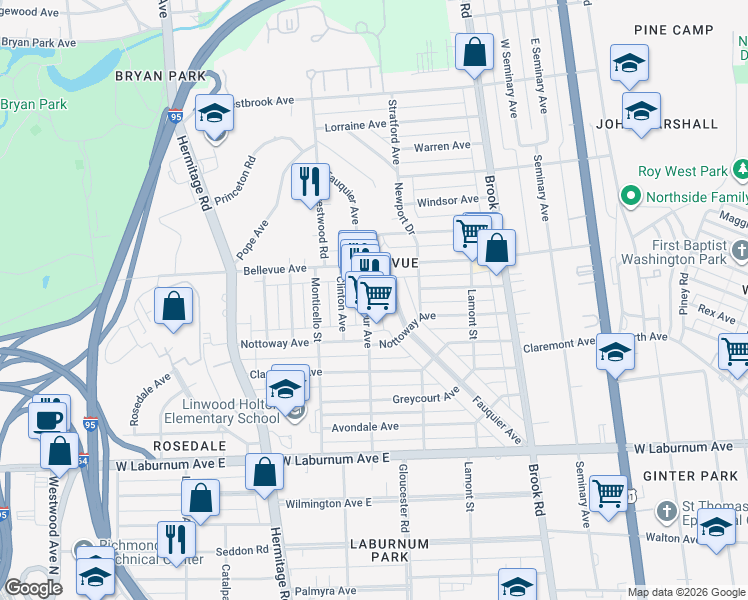 map of restaurants, bars, coffee shops, grocery stores, and more near 4032 Macarthur Avenue in Richmond